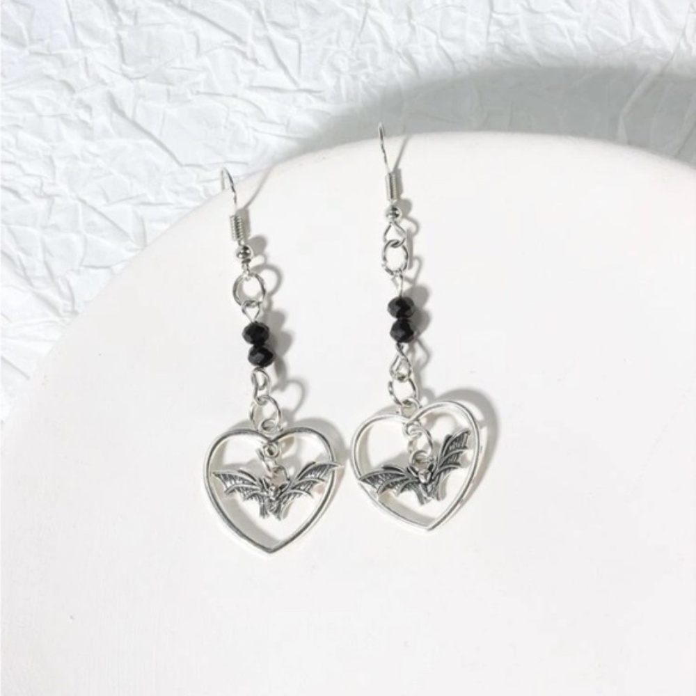 Silver Heart Bat Drop Earrings